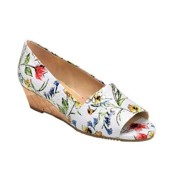 AEROSOLES Shoes - New! Aerosoles Textured Floral Print Cork Wedge Heel Comfort Slide On Shoes